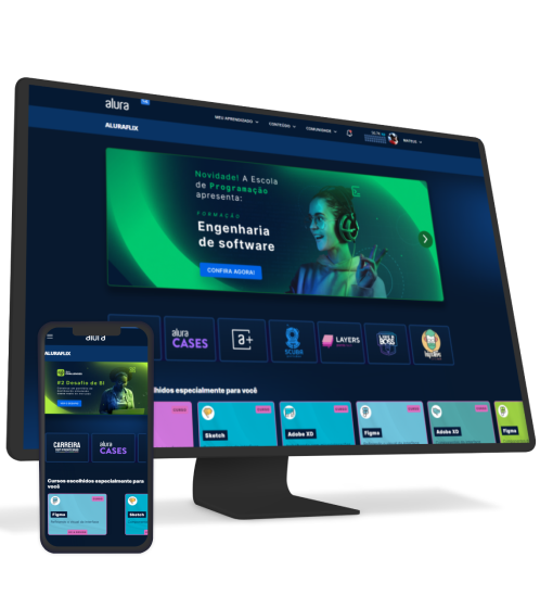 Um monitor e um celular com a Alura plus aberto
